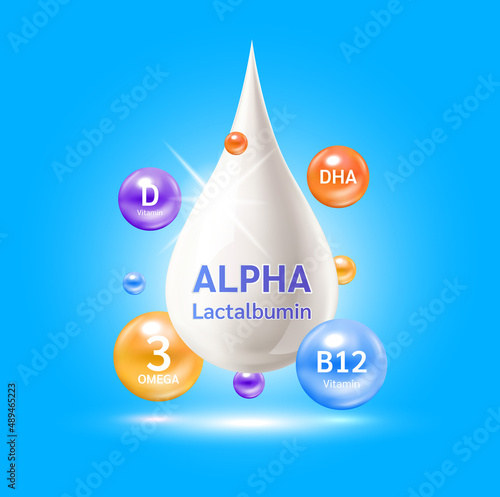Alpha lactalbumin nutrients DHA omega 3 and vitamin B12, D. Whey protein containing essential amino acids for infant. Design logo products kids food. Benefits of food improving heart, brain. Vector.