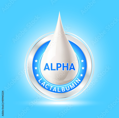 Alpha lactalbumin nutrients omega 3 and vitamin. Whey protein containing essential amino acids for infant. Design logo products for kids food. Benefits of food improving heart, eyes, brain. Vector.