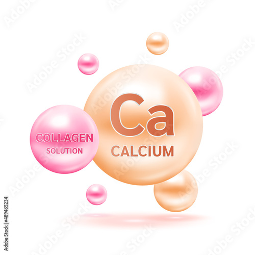 Electron for Calcium, Vitamin and Collagen. Therapy helps maintain strong bone. Medical scientific and healthcare concept. 3D Vector EPS10 illustration.