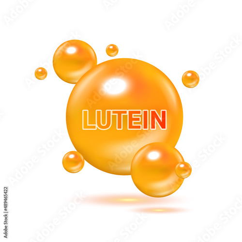 Lutein, Food for good vision and healthy eyes. Selection of products to help improve eyesight. Medical scientific and healthcare concept. 3D Vector EPS10 illustration.