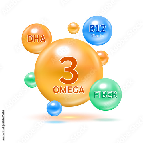 Fish oil omega 3 orange, Fiber and Vitamin B12 colorful balls. Benefits of pills improving mental, heart, eyes, bones health and lower cholesterol level. Healthy food supplement. 3D Vector EPS10.