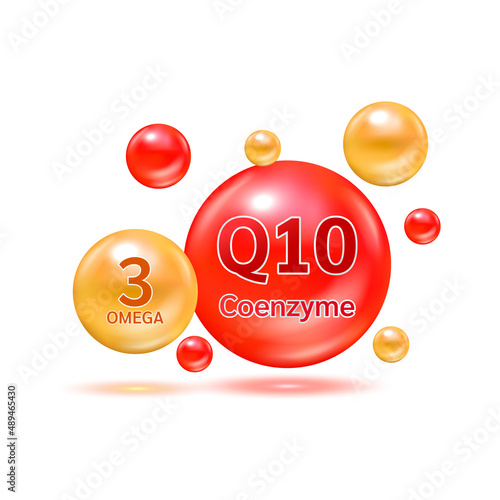 Essential vitamins and minerals for humans. Omega 3 and coenzyme Q10 help skin care antioxidant, Normalization of cardiac activity.  Cardiovascular system medical concept. Vector EPS10.