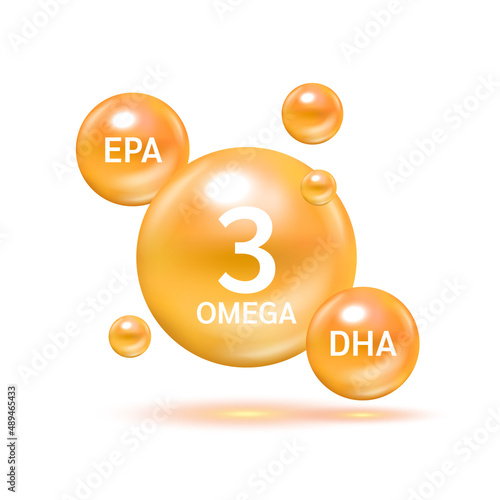 Fish oil omega 3 Nutrients DHA and EPA Shining orange. Benefits of pills improving mental, heart. Supplemental eyes, bones health and lower cholesterol level. 3D Vector EPS10.