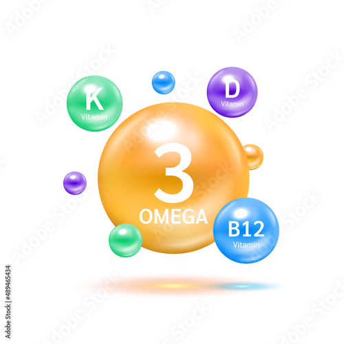 Fish oil omega 3 orange and Vitamin B12, D, K colorful balls. Benefits of pills improving mental, heart, eyes, bones health and lower cholesterol level. Healthy food supplement. 3D Vector EPS10.
