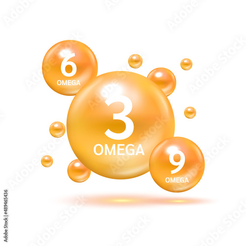 Fish oil omega 3 Nutrients DHA and EPA Shining orange. Benefits of pills improving mental, heart. Supplemental eyes, bones health and lower cholesterol level. 3D Vector EPS10.
