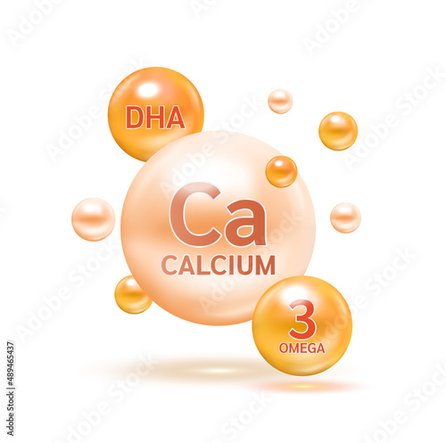 Electron for Minerals Calcium and Fish oil omega 3 Nutrients DHA. Therapy helps maintain brain, strong bone. Medical scientific and healthcare concept. 3D Vector EPS10 illustration.