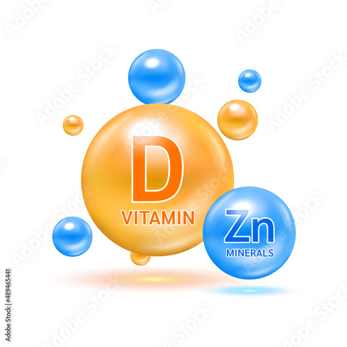 Minerals zinc Zn and Vitamin D capsule solution serum colorful balls. On white background. Healthy food supplement. 3D Realistic Vector EPS10.