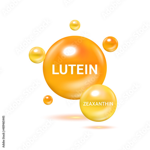 Zeaxanthin and Lutein. Food for good vision and healthy eyes. Selection of products to help improve eyesight. Medical scientific and healthcare concept. 3D Vector EPS10 illustration.