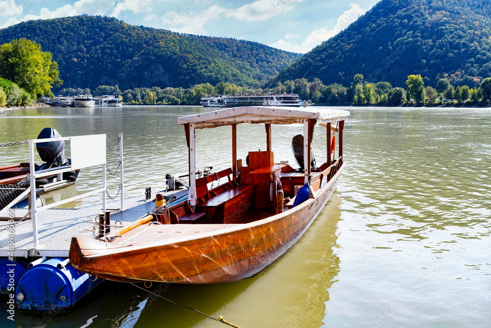 Small ferry boat crossing the Danube at Dürnstein, Wachau, Austria