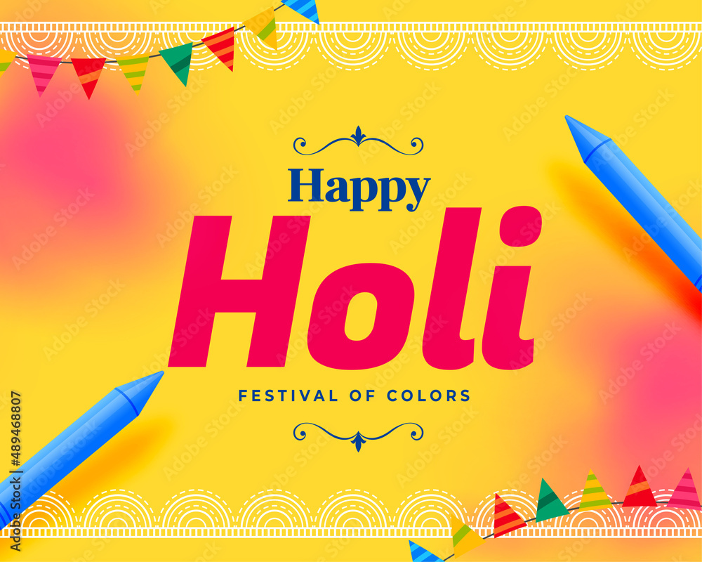 happy holi card with gulal powder and pichkari