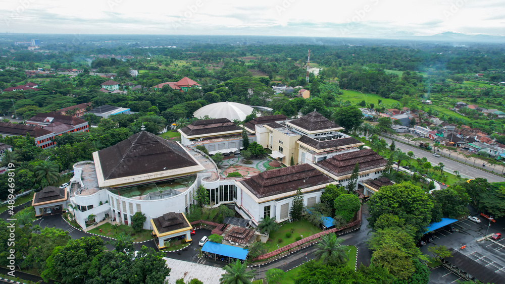 Aerial view of Al Bantani mosque in serang. Top view of the mosque forest. Banten, Indonesia, February 26, 2022