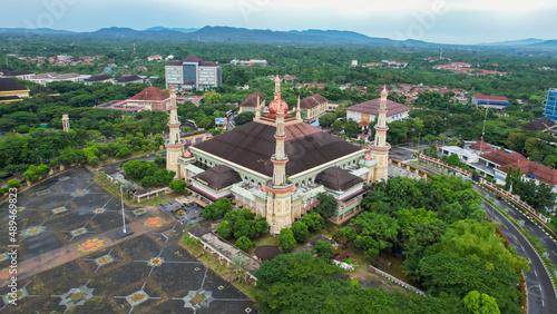 Aerial view of Al Bantani mosque in serang. Top view of the mosque forest. Banten, Indonesia, February 26, 2022