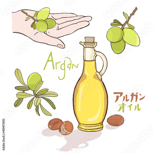 片手にアルガン・アルガンオイル・植物油の入った瓶