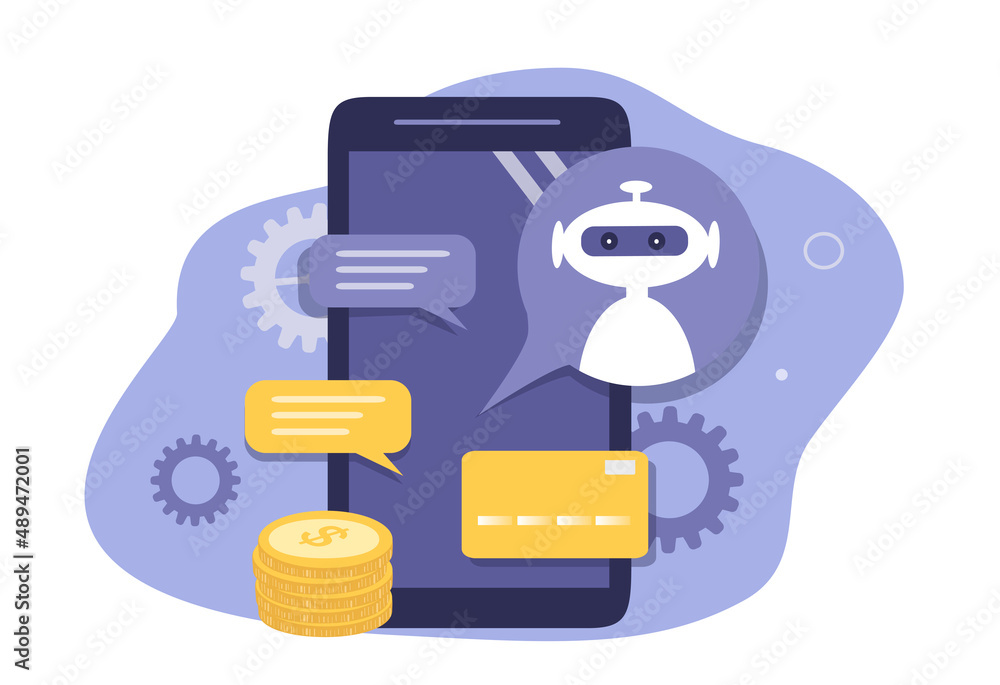 vector hand drawn illustration in flat style on the theme online banking - smartphone with chatbot, a stack of coins and a credit card vector hand drawn illustration in flat style on the theme online banking - smartphone with chatbot, a stack of coins and a credit card