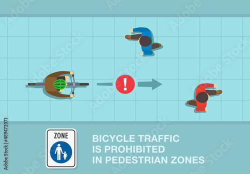 Bicycle driving and safety driving rule. Bicycle traffic is prohibited in pedestrian zones sign meaning. Top view of pedestrians and cyclist on a bicycle. Flat vector illustration template.