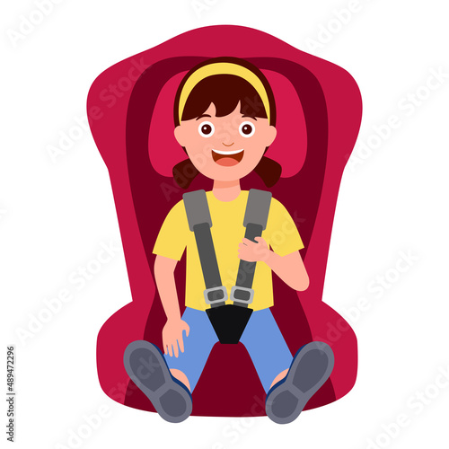 Cute girl kids sitting in car seat in flat design on white background. Child safety car seat concept vector illustration.