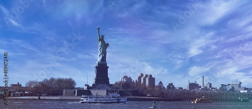 city skyline statued of liberty New York river boat usa 