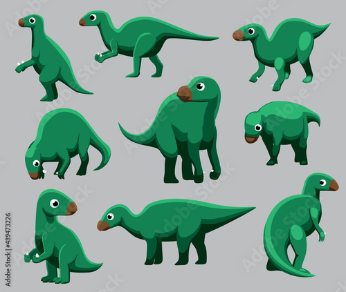 Cartoon Dinosaur Iguanodon Cute Various Poses Cartoon Vector Illustration