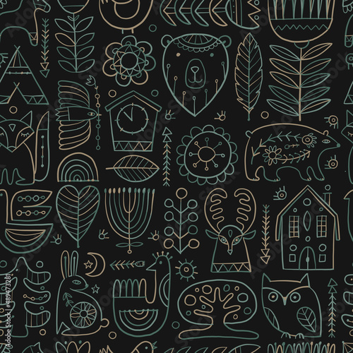 Nordic Ornament. Forest Animals, Folk Background. Seamless pattern for your d...