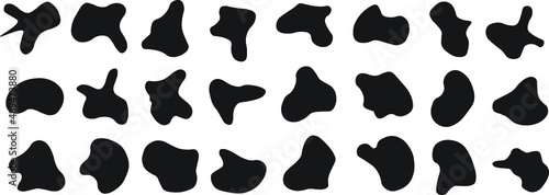 Vector set of minimal backgrounds with black abstract shapes. Random blotch, inkblot. Organic blob, blot. Speck shape. Splat, fleck graphic. Drop of liquid, fluid. Pebble, stone silhouette.