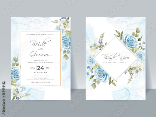Hand drawing blue roses wedding invitation card