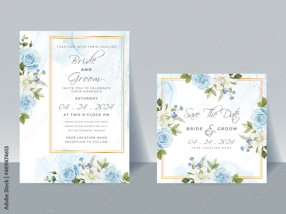 Hand drawing blue roses wedding invitation card