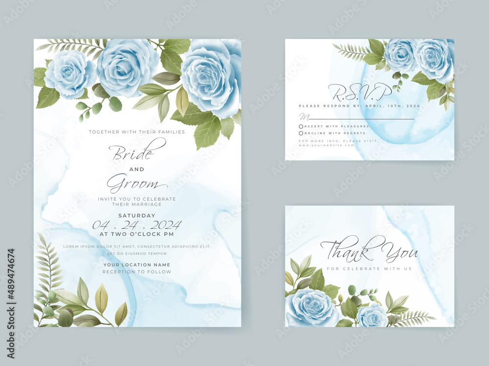 Hand drawing blue roses wedding invitation card