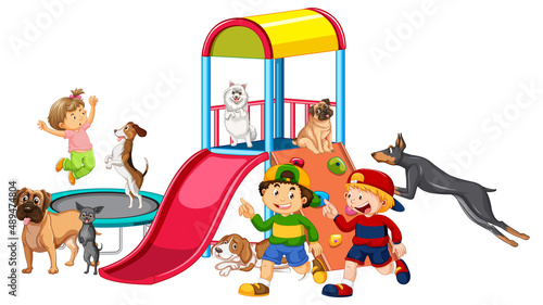 Children playing with their dogs at playground