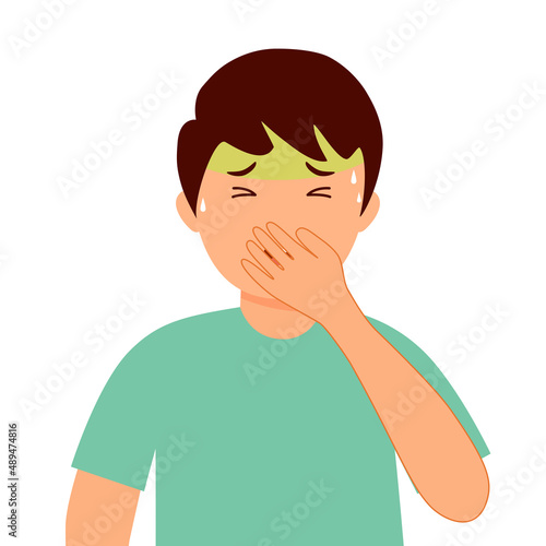 Boy child suffering from vomit and closing mouth in flat design. Nausea vomiting symptom.