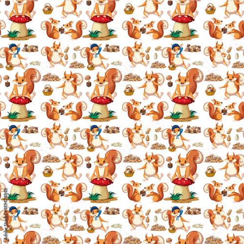 Funny squirrel with nuts on white background seamless