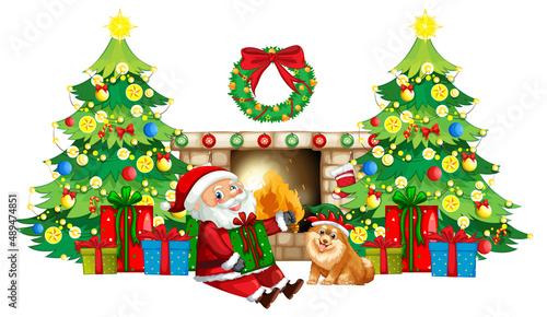 Santa Claus sitting in front of fireplace with many gift boxes