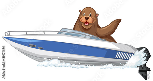 Sea lion on speed boat in cartoon style