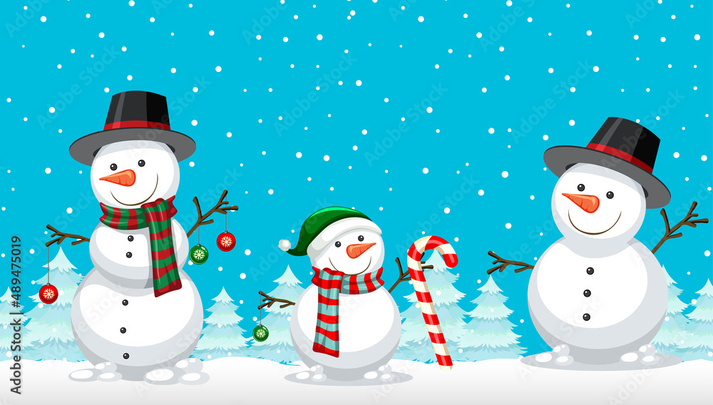 Christmas snowmans on snowy blue background