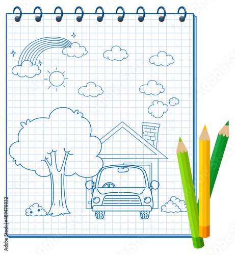 A notebook with a doodle sketch design and colour pencils