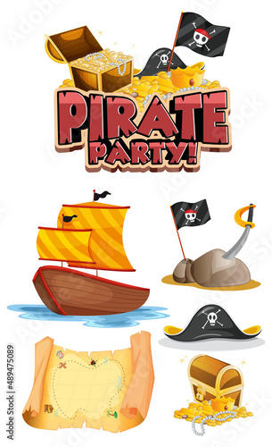 Set of pirate cartoon characters and objects