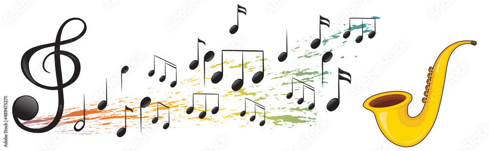 A saxophone with musical notes on white background A saxophone with musical notes on white background