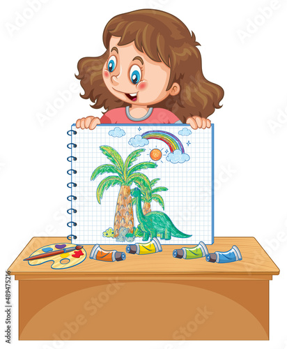 A girl holding notebook with a doodle sketch design on white background