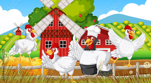 Chickens cartoon characters in farm scene