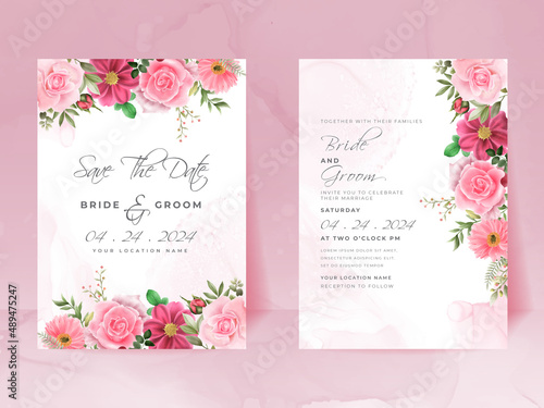 wedding invitation card set with beautiful pink flowers design