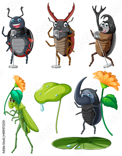 Set of different insects and beetles in cartoon style