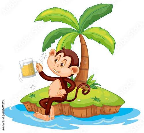 Drunk monkey cartoon character on isolated island