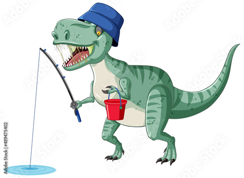 Tyrannosaurus rex dinosaur fishing in cartoon style