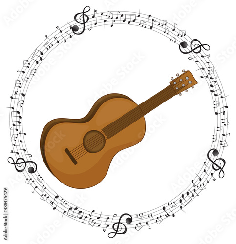 A guitar with musical notes on white background