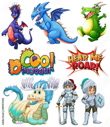 Set of dragons and fairy tale cartoon characters