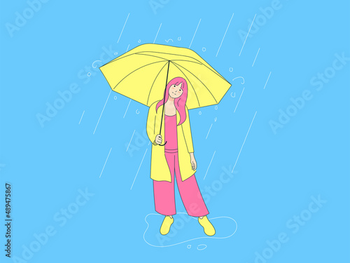 Young Woman Wearing an Umbrella in The Rain. Flat Illustration