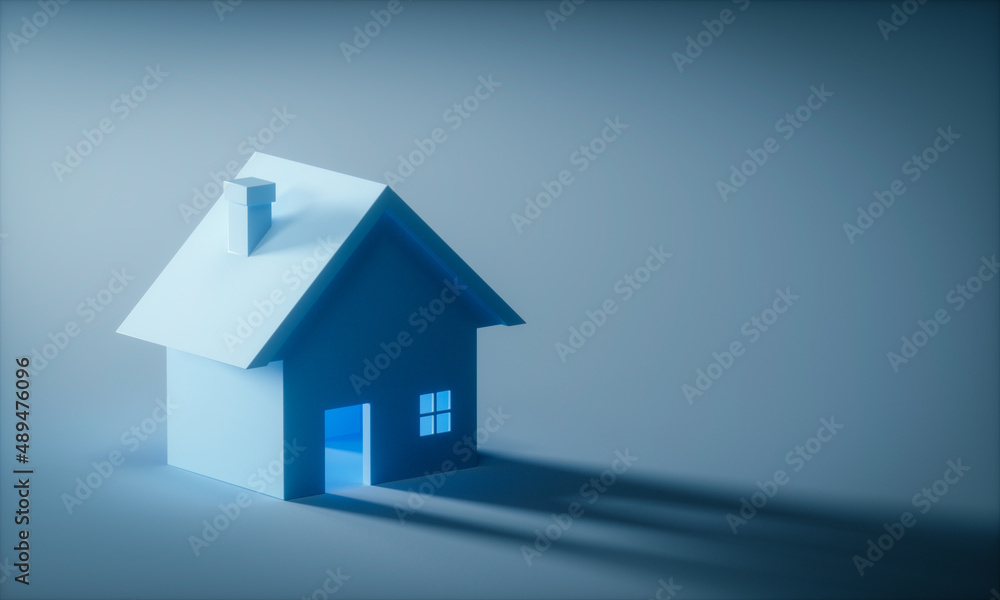 Light through an empty House on dark blue background. House finding