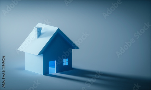 Light through an empty House on dark blue background. House finding, renting business concept. 3d rendering © StockStyle