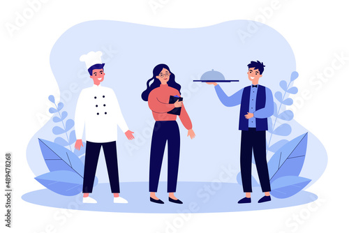 Female restaurant manager with chef and waiter. Restaurant or cafe staff in uniform flat vector illustration. Management, occupation, food industry concept for banner, website design or landing page