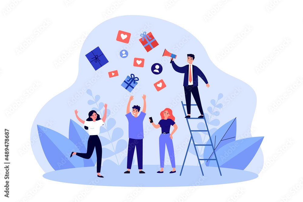 Businessman with loudspeaker advertising product or service. Happy customers getting gifts flat vector illustration. Marketing, promotion, loyalty program concept for banner, website design