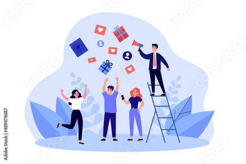 Businessman with loudspeaker advertising product or service. Happy customers getting gifts flat vector illustration. Marketing, promotion, loyalty program concept for banner, website design